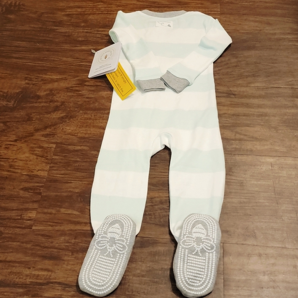 Burt's Bees Baby 12 Month Seafoam Green Striped Footed Pajama - Picture 2 of 4
